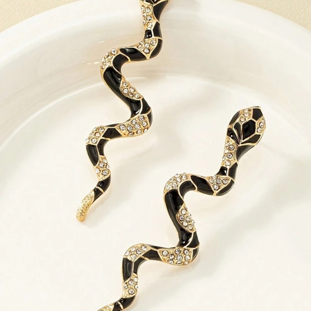Elegant Black and Gold Snake Earrings, Gold and Black Snake Earrings - Picture 3 of 6